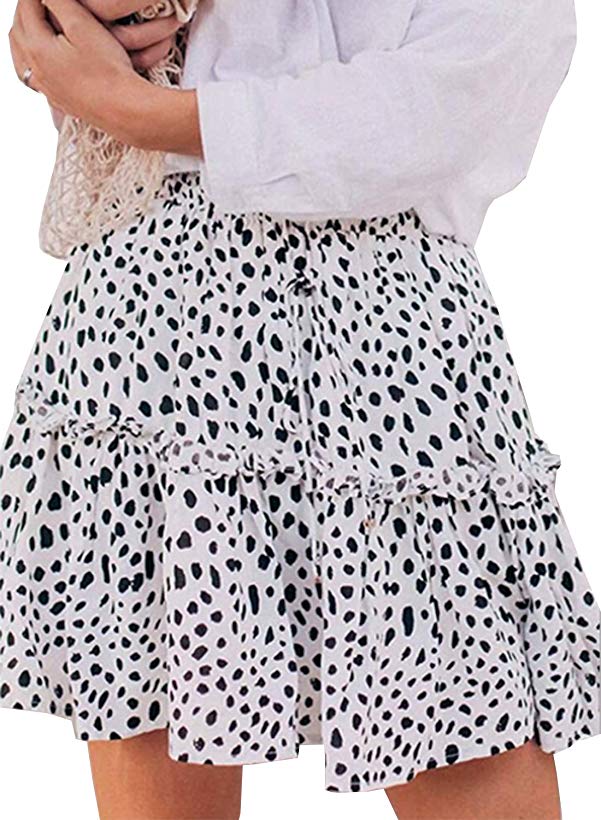 Women's Floral High Waist Drawstring Ruffle Flared Boho A-Line Pleated Skater Mini Skirt