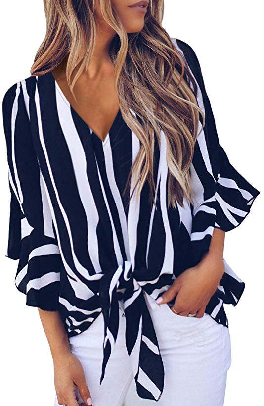 CILKOO Women's Off Shoulder Bell Sleeve Shirt Tie Knot Casual Blouses Tops(S-XXL)