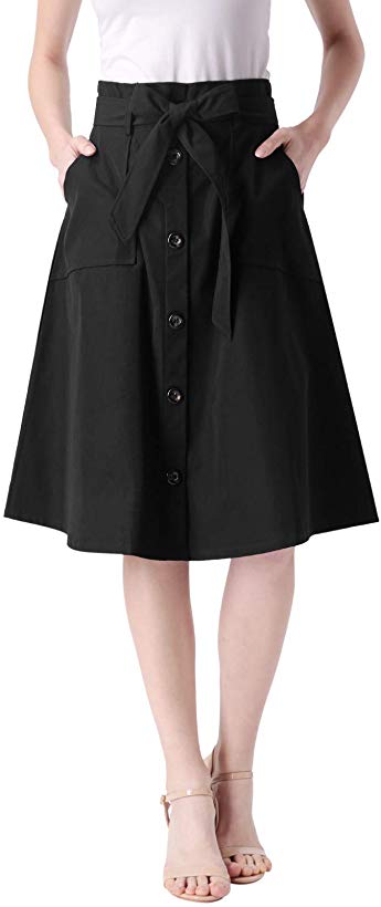 ANGGREK Women's A-Line Stretchy Button Front Knee Length Skirt with Pockets