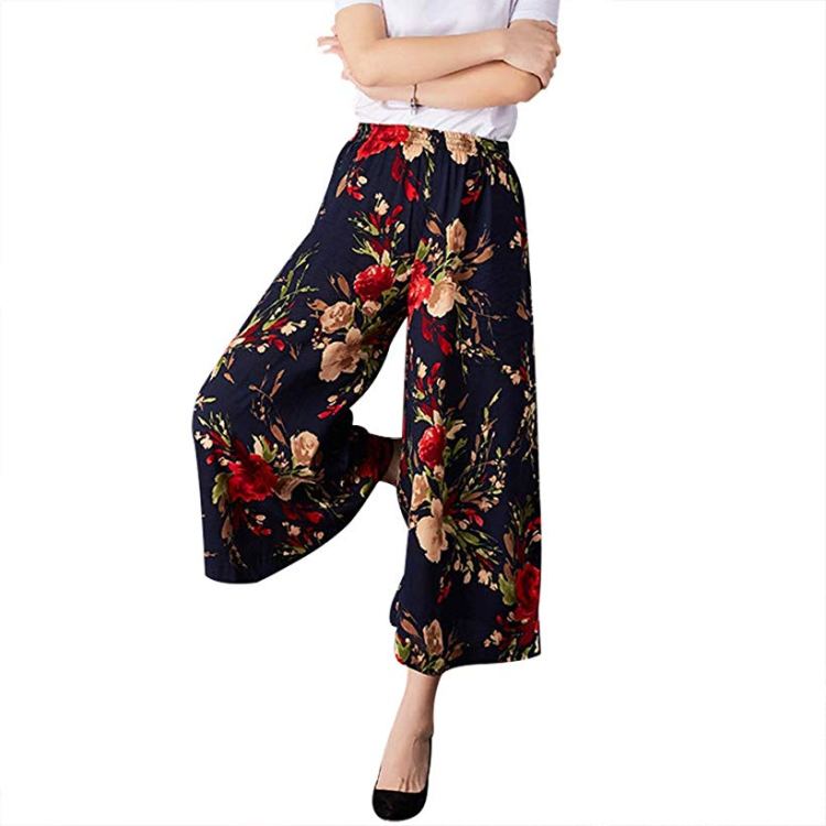 NJunicorn Uncle Women's Wide Leg Casual Gaucho Pants Elastic Waist Cotton&Linen Floral Culottes Palazzo Trousers