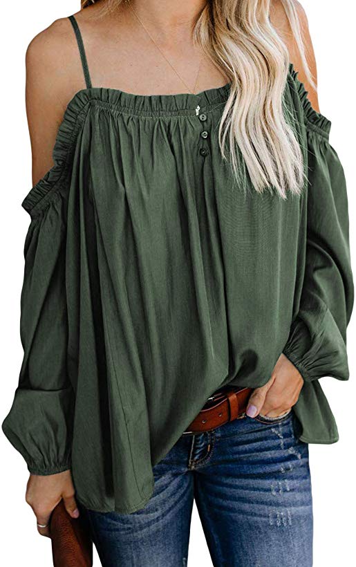 Astylish Women's Lace Crochet V Neck Long Sleeve Spaghetti Strap Off Cold Shoulder Blouses Tops