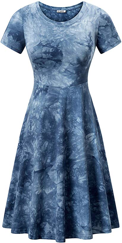 HUHOT Women Short Sleeve Round Neck Summer Casual Flared Midi Dress