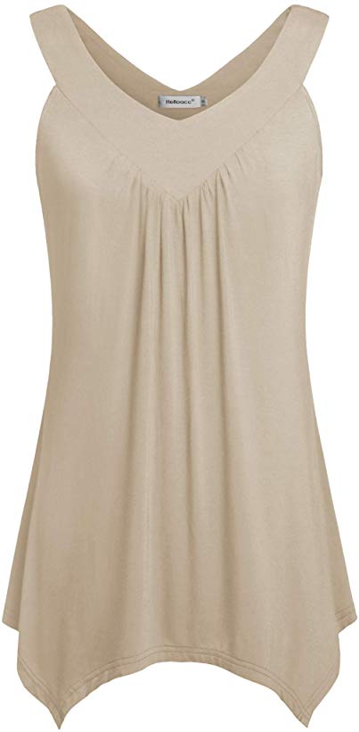 Helloacc Womens V Neck Sleeveless Handkerchief Hem Long Tank Casual Tunic Tops