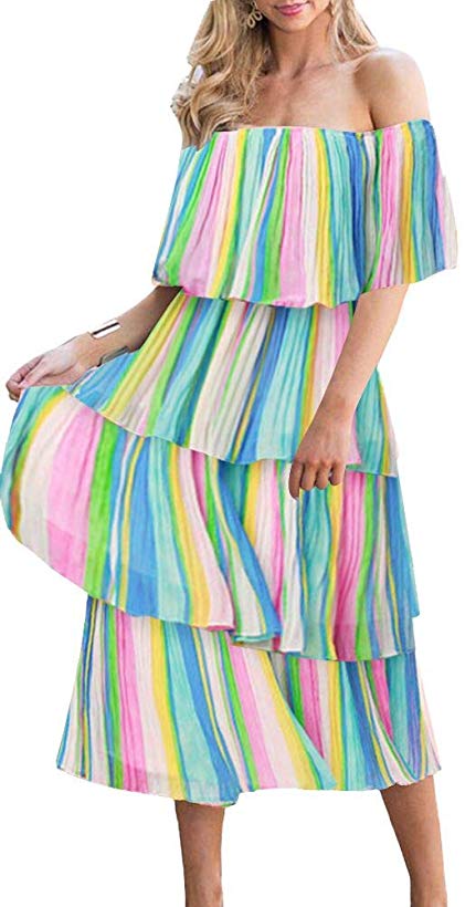 ETCYY Women's Off The Shoulder Ruffles Summer Loose Casual Chiffon Long Party Beach Maxi Dress
