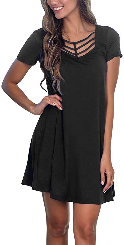 VIUVIU Women Summer Sexy Neck Short Sleeve T Shirts Dresses Casual Swing Midi Dresses with Pocket