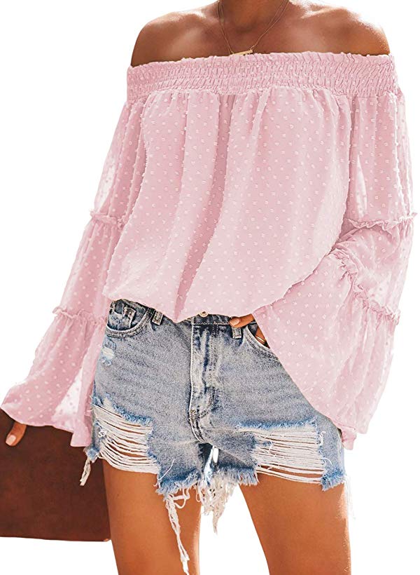 Dearlove Womens Solid Bell Sleeve Off Shoulder T Shirts Tie Knot Casual Chiffon Blouses