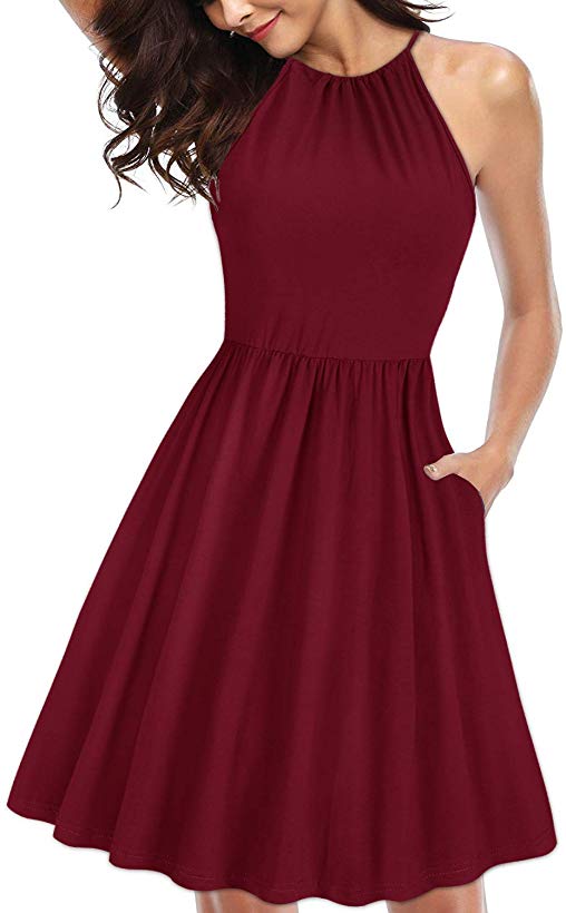 KILIG Women's Halter Neck Floral Summer Dress Casual Sundress with Pockets