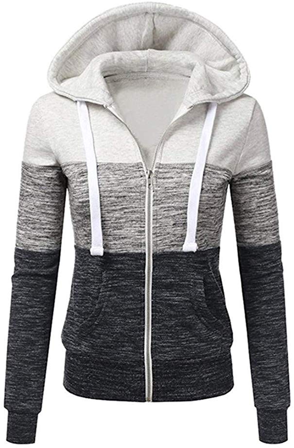 Newbestyle Women's Casual Color Block Jersey Full Zip Fleece Hoodie Jacket with Pocket