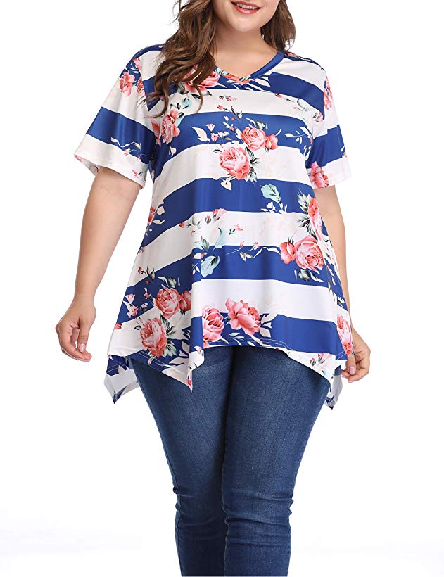 Shiaili Plus Size Flowy Top for Women Asymmetrical Floral Shirt Drape Long Blouse