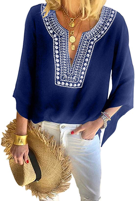 Asvivid Womens Boho Embroidered V Neck Short Sleeve Summer Shirt Blouses Tops S-2XL