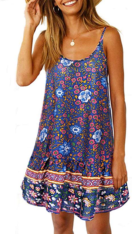 Womens Boho Beach Dress - Floral Spaghetti Strap Sleeveless V Neck A line Swing Casual Sundress Beachwear