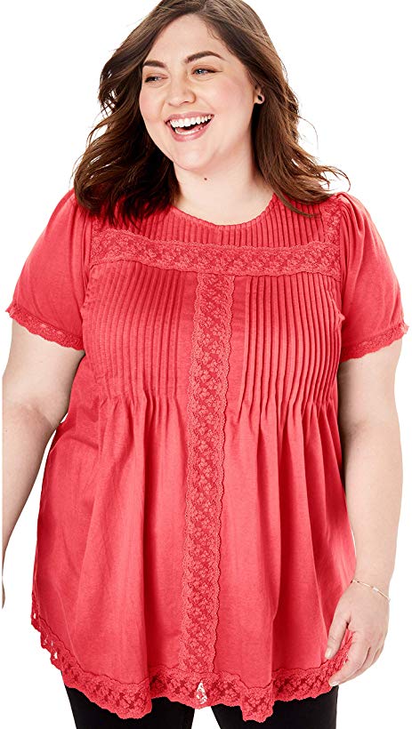 Woman Within Women's Plus Size Lace Trim Pintucked Tunic