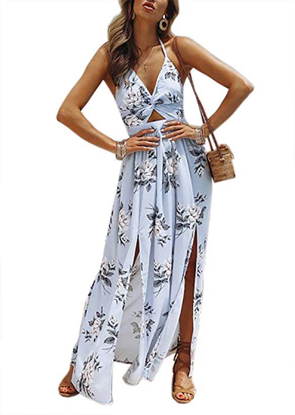 LKOUS Sexy Sleeveless V-Neck Split Long Beach Dress Floral Print Bodycon Maxi Dress