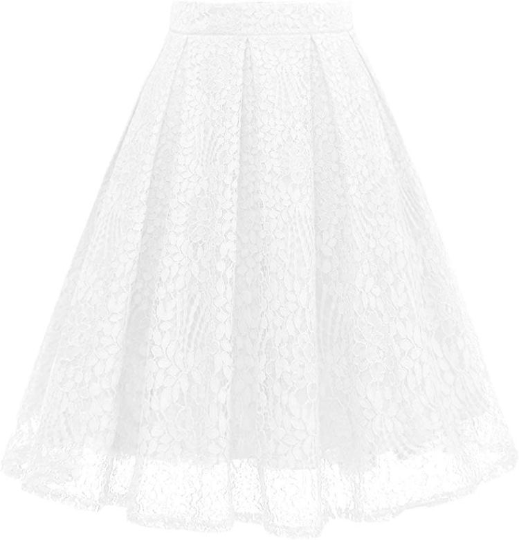 Girstunm Women High Waist Pleated A-Line Knee Length Lace Pockets Skirt