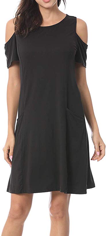 HIGHDAYS Summer Dresses for Women with Pockets Cold Shoulder Loose Swing Casual T Shirt Dresses for Women