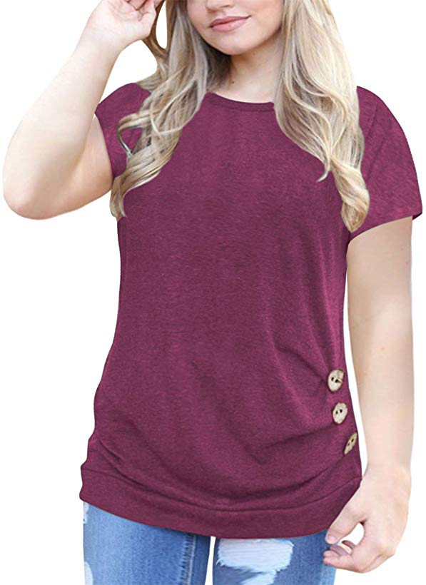 VISLILY Women's Plus Size Casual Short Sleeve Buttons Tunic T Shirt Blouse Tops