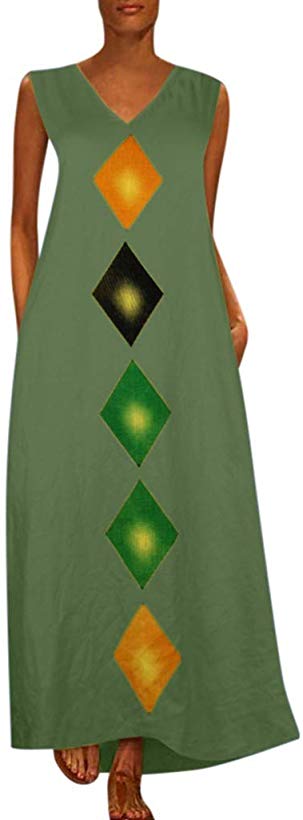 BODOAO Women Bohe Long Dress Plus Size Sleeveless Linen Strappy Loose Dress Dress