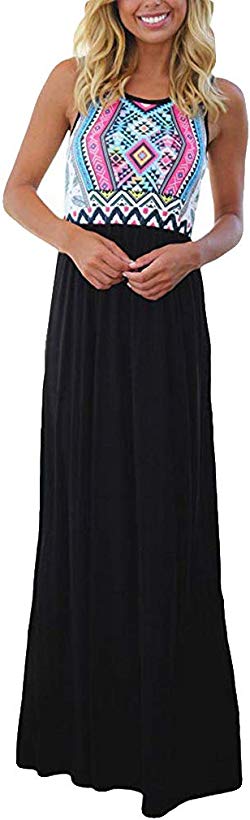 Sherosa Women Boho Chevron Striped Floral Printed Summer Sleeveless Tank Long Maxi Party Dress