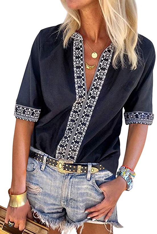 Women's Summer T-Shirt Tops Boho Embroidered V Neck Short Sleeve Casual Loose Blouse