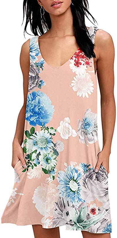 Fantastic Zone Women Summer Casual T Shirt Dresses Loose Plain Tank Swing Dress with Pockets