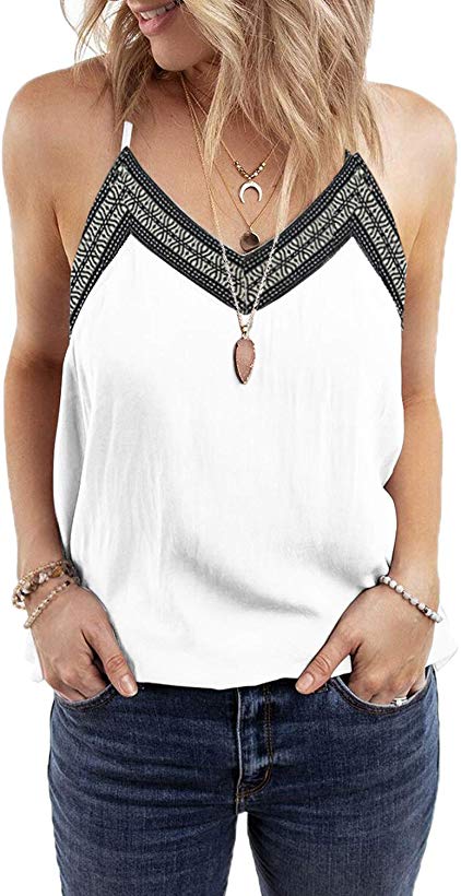 Shawhuwa Womens Summer V Neck Lace Tank Top Sleeveless Loose Fitting Tunic Shirts Blouses