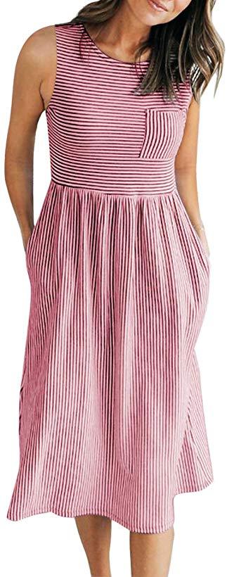 MEROKEETY Women's 3/4 Balloon Sleeve Striped High Waist T Shirt Midi Dress with Pockets