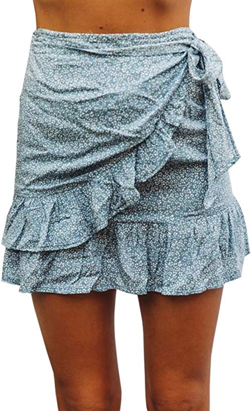 Jeanewpole1 Womens Floral A Line Mini Skirts Wrap Pleated Ruffle Hem Cute Beach Short Skirts