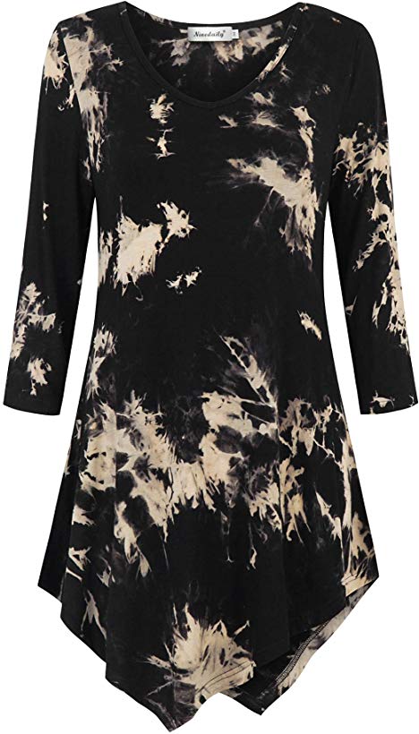 Ninedaily Tie Dye Tunic 3/4 Sleeve V Neck Asymmetrical Womens Dressy Blouse Tops