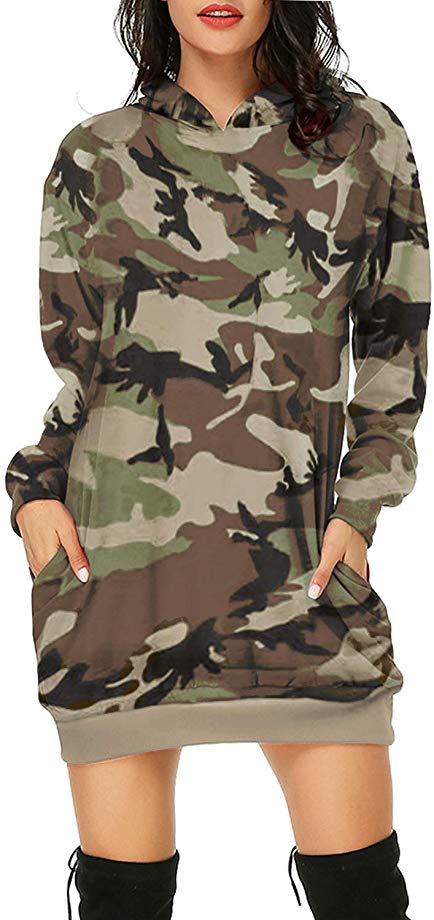 Auxo Women's Long Sleeve Hooded Pockets Pullover Hoodie Dress Tunic Sweatshirt