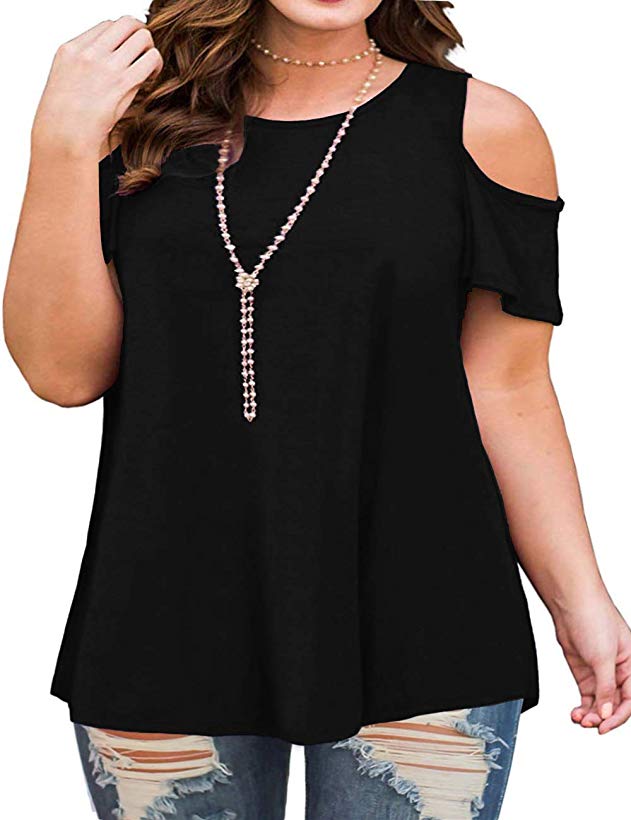 DOLNINE Women's Plus Size Tops Casual Tee Shirts Cold Shoulder Short Sleeve Blouse