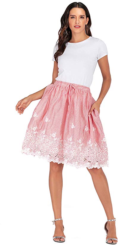 Love Welove Fashion Women's Summer Cotton A-line Flared Embroidered Knee Length with Lining midi Skirt