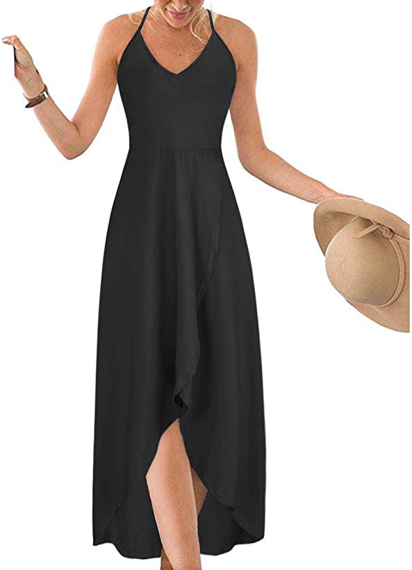 KILIG Women's V Neck Sleeveless Summer Asymmetrical Patchwork Floral Maxi Dresses