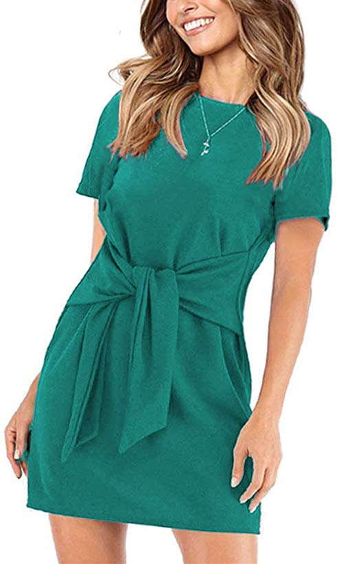 onlypuff Casual Solid Color Belted Dresses for Women Above-The-Knee Length Tunic Top Short Sleeve & Sleeveless