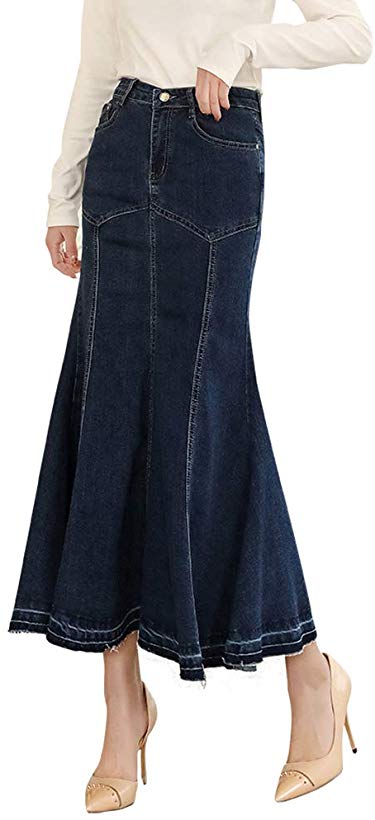 LISUEYNE Women's Casual Stretch Waist Washed Denim Ruffle Fishtail Skirts Long Jean Skirt