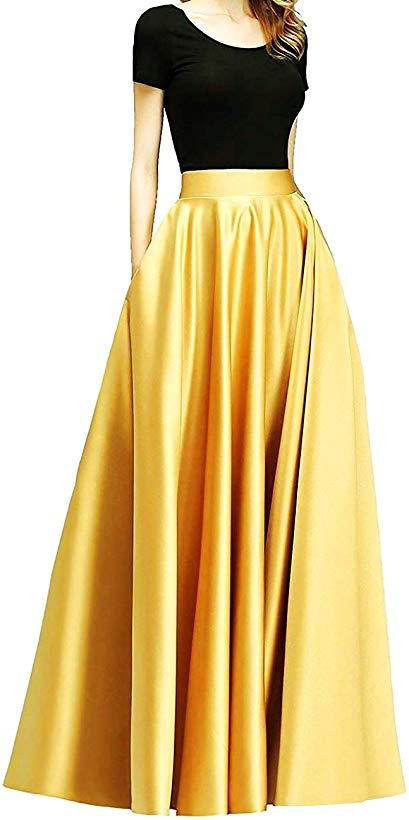 Diydress Women’s Long Satin Maxi Skirt Floor Length High Waist Fomal Prom Party Skirts with Pockets