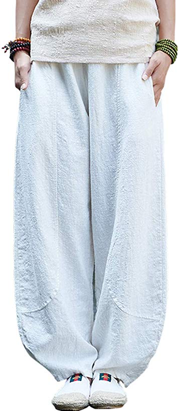 IXIMO Women's Casual Cotton Linen Baggy Pants with Elastic Waist Pleated Tapered Capri Trousers with Pockets