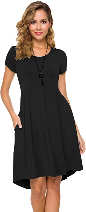 Women's Short Sleeve Flare Midi Dress Summer Loose Casual Swing Dress with Pockets in Dot and Floral