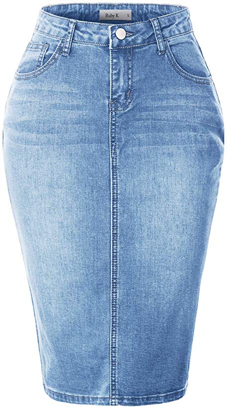RK RUBY KARAT Womens High Waisted Denim Pencil Skirt with Stretch