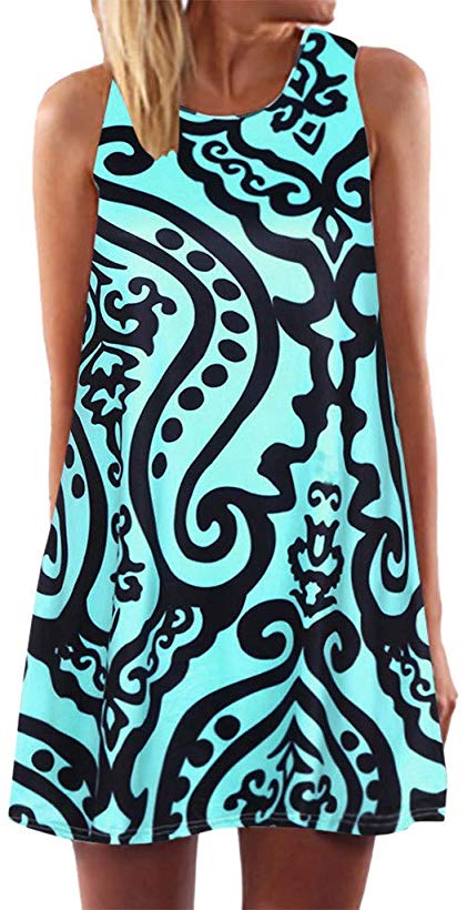Womens Dress Summer Casual T Shirt Dresses Boho Sleeveless Floral Printed Beach Cover up Casual T-Shirt Short Dress