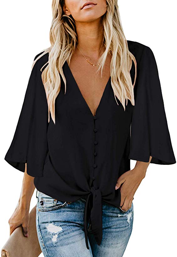 BLENCOT Women's V Neck Button Down Tie Knot Cap Short Sleeve Casual Loose Blouses Shirt Tops
