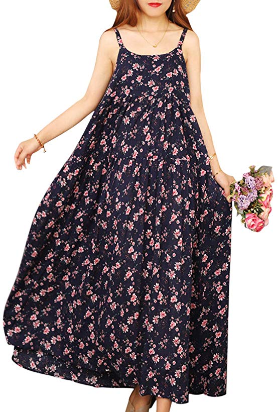 YESNO Women Casual Loose Bohemian Floral Print Empire Waist Spaghetti Strap Long Maxi Summer Beach Swing Dress XS-5X E75