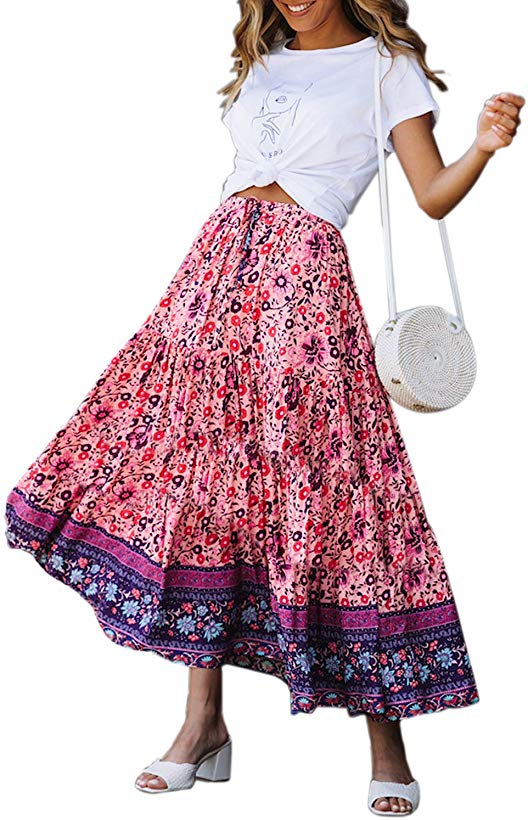 BLENCOT Women's Pleated Floral Print Elastic High Waist Drawstring Ruffle Vintage Midi Skirts