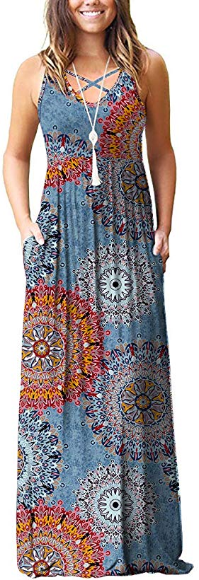 LILBETTER Women's Sleeveless Racerback Loose Plain Maxi Dresses Casual Long Dresses with Pockets
