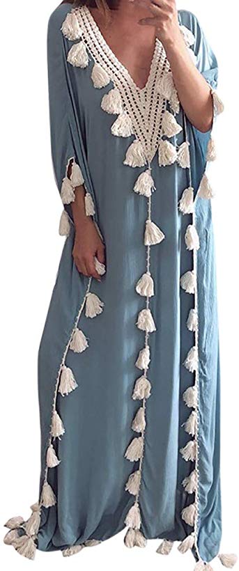 Mysky Fashion Women Sexy Deep V-Neck Bohemian Long Dress Ladies Summer Ethnic Style Tassel Holiday Beach Dress