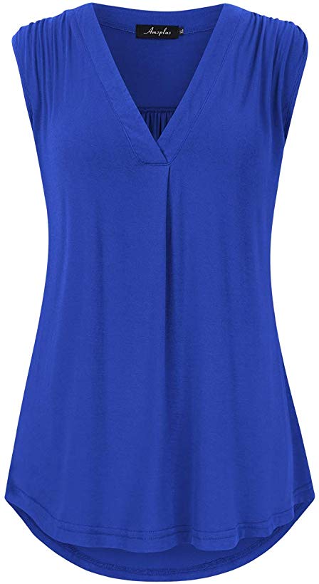 AMZ PLUS Women's Casual Plus Size V Neck Sleeveless Loose Fit Pullover Blouse Top