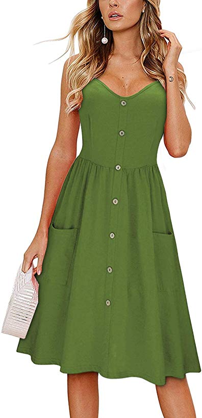 KILIG Women's Summer Sundress Spaghetti Strap Button Down Dress with Pockets