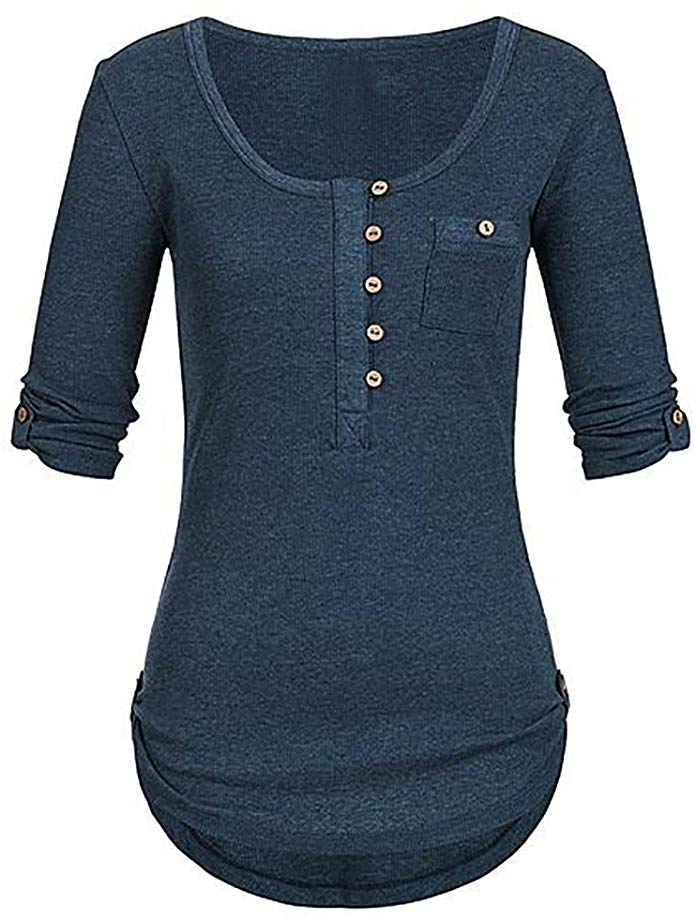 HIRIRI Women Scoop Round Neck Blouse Long Sleeve Button Vest Tee Shirt Short Sleeve Soft Sweatshirt Crop Tops