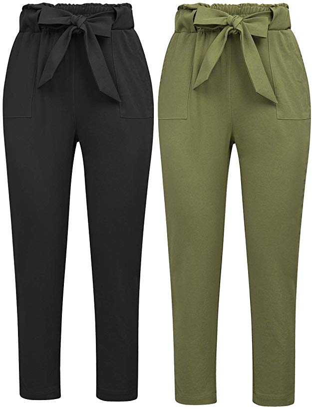 GRACE KARIN Women's Pants Trouser Slim Casual Cropped Paper Bag Waist Pants with Pockets