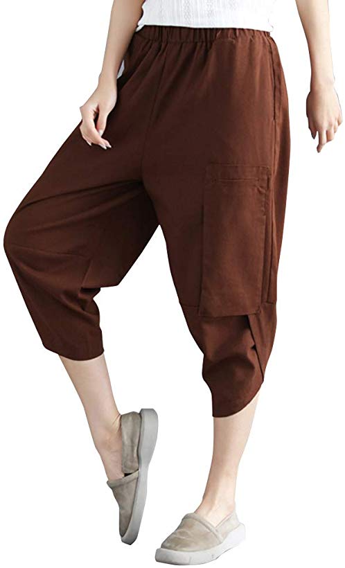 Helisopus Womens Baggy Casual Trousers Cotton Linen Loose Harlan Pants Elastic Waist