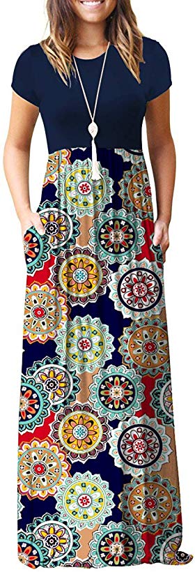 TODOLOR Women's Short Sleeve Loose Plain Maxi Dresses Casual Long Dresses with Pockets